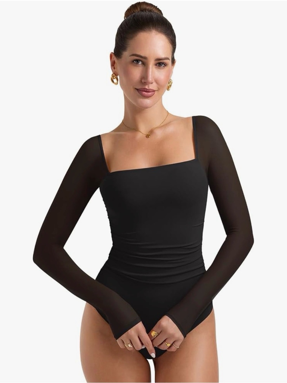 PINKMSTYLE Square Neck Mesh Long Sleeve Bodysuit Sheer Top Size L
